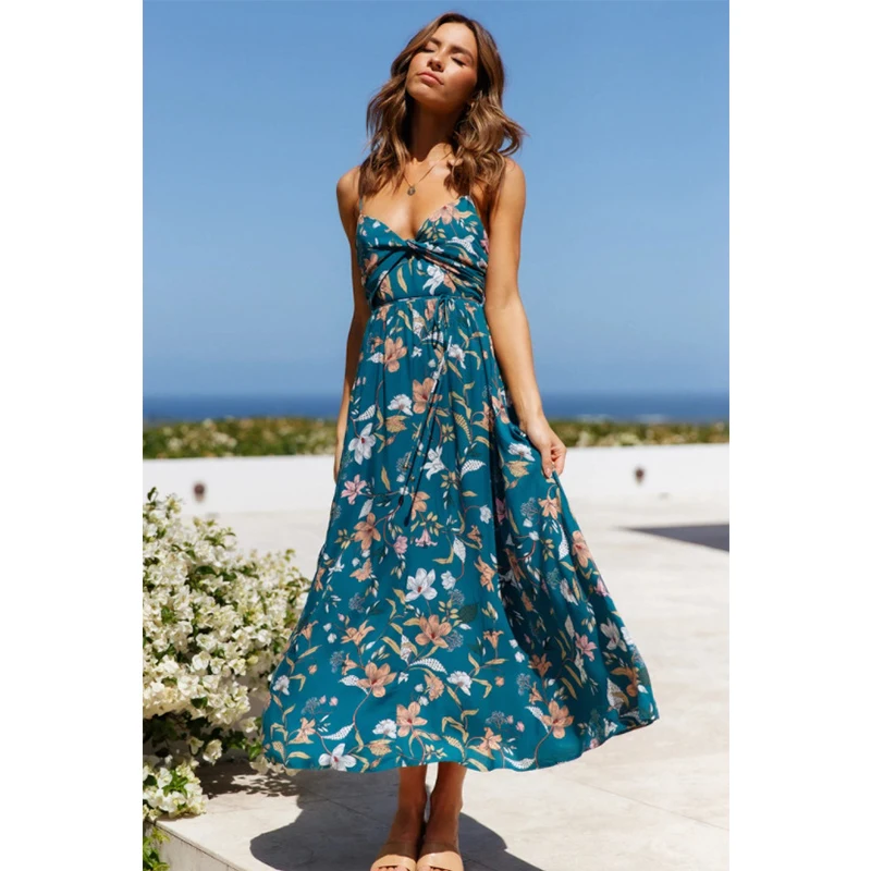 

Summer Sling Beach Floral Print Women's Loose Long Dress 2020 Bohemian V-neck Red Elegant Halter Dress Female Lady Maxi Dresses