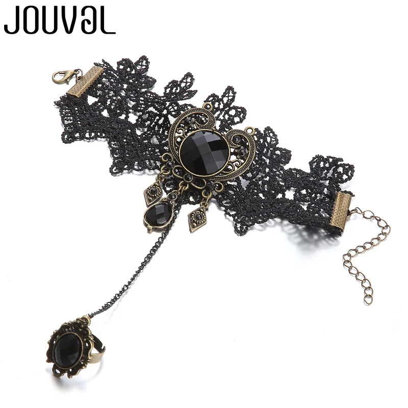 Готический браслет JOUVAL Черная кружевная цепочка на палец жгут женский
