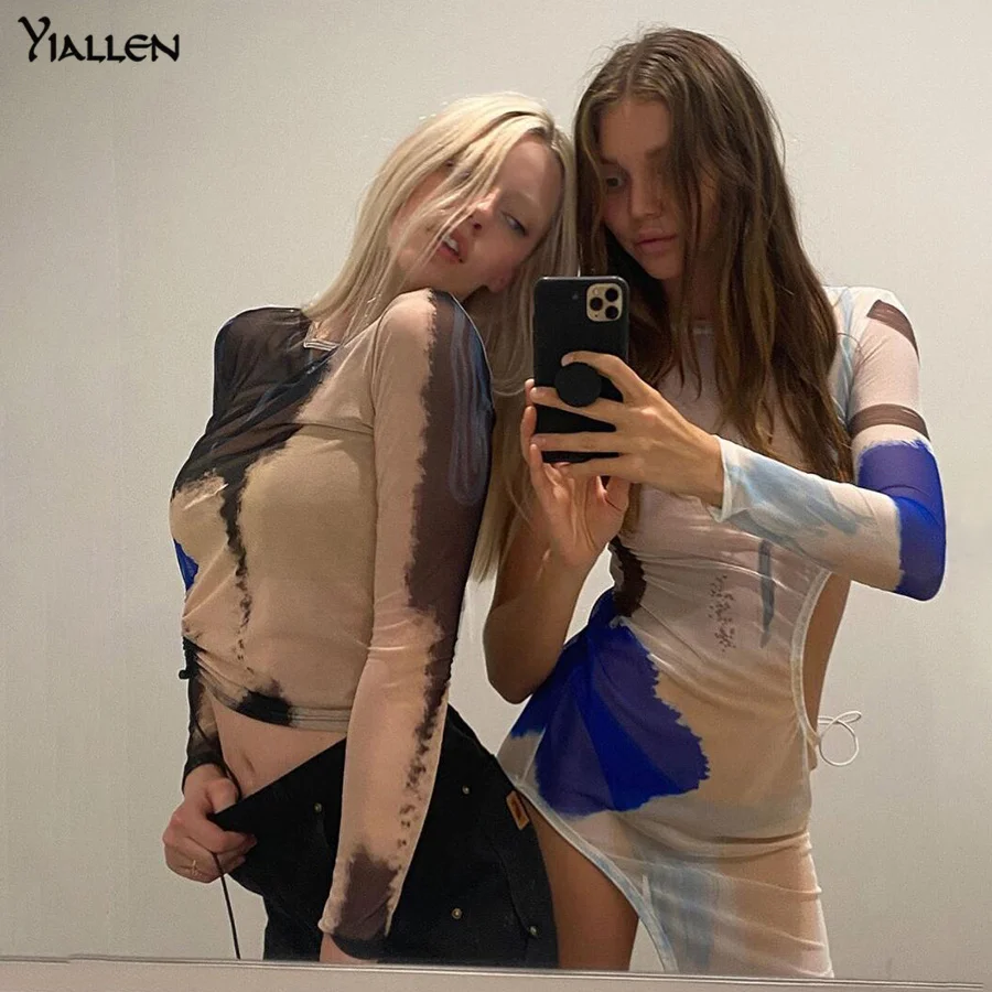 Женский сетчатый укороченный топ Yiallen с круглым вырезом и длинным рукавом