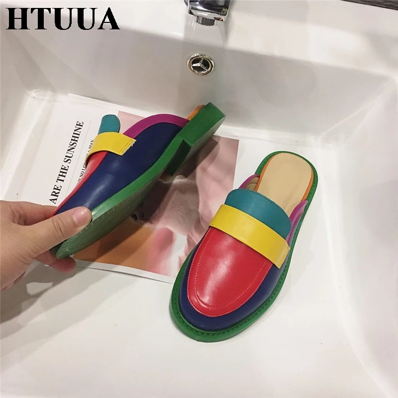 HTUUA/Брендовые женские сабо; тапочки; сезон осень; модные разноцветные туфли на плоской подошве в британском стиле; шлепанцы на платформе; повседневные Лоферы без застежки; женская обувь; SX3407
