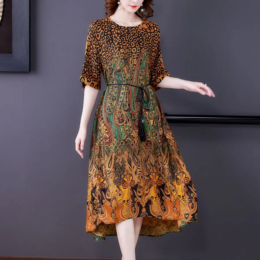 

COIGARSAM Women Long Dress Spring Summer 2021 New Vintage Half Sleeve Print Loose O-Neck Design And Color Dresses Traf Vestidos