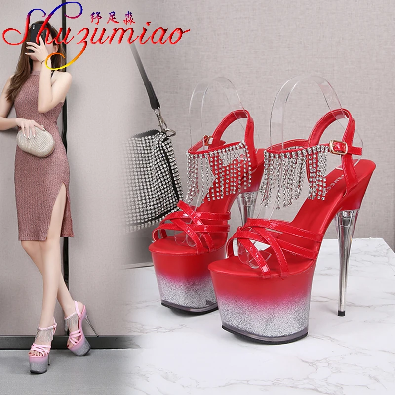 

Voesnees 2021 New Transparent Women Shoes Bling Thin Heels Patent Leather Sandals Platform Cross-tied Stripper Pole Dance Shoes
