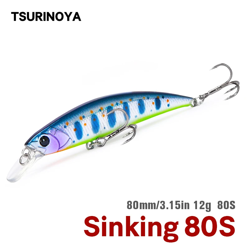 

TSURINOYA Fishing Lure 80S 12g Sinking Minnow DW96 8cm Large Trout Pike Rockfish Hard Bait Jerkbait Freshwater Saltwater Wobbler