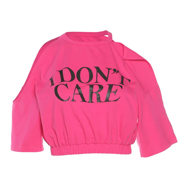 

Rose Red Sexy Strapless Slim Navel Letter Print Short-sleeved Women Pullover Short Top with Iron Buckle Waist Streetwear