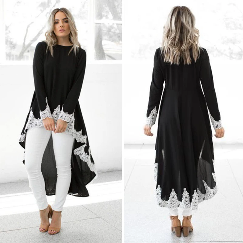 Модное осеннее платье-рубашка с длинным рукавом кружевное неравномерное женское