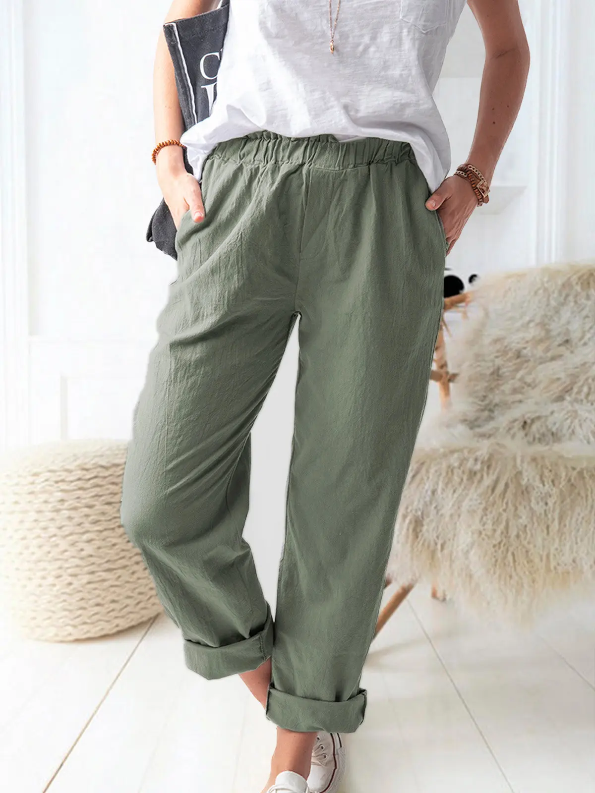 

High Waist Straight Thin Women's Pants Solid Elastic Waist Trousers For Women Loose Casual 2021 Spring Summer Pant 65% Cotton