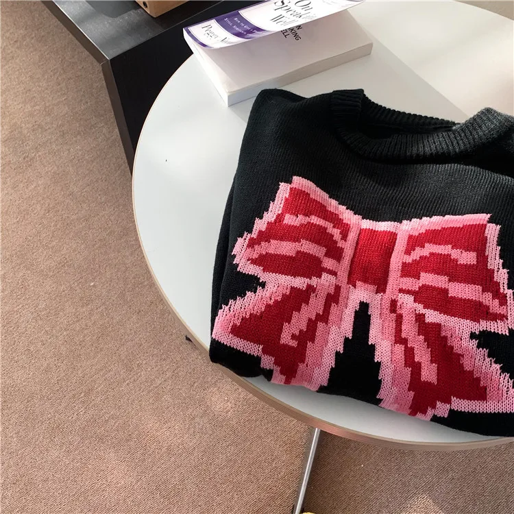 

New arrivals autumn printing bowknot lovely knitting sweater women long sleeve sweet pullover sweater female coat