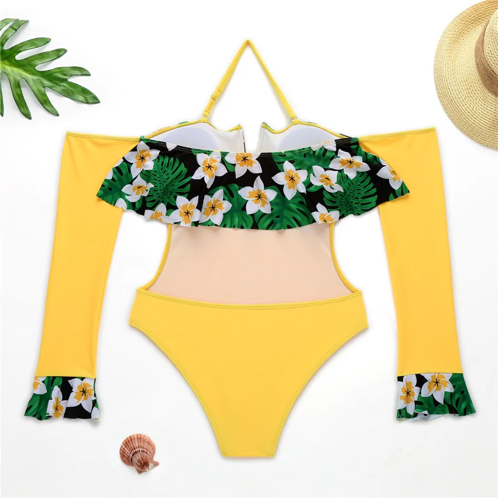 

Ruffle Swimwear Women One Piece Swimsuit Deep V Bathing Suit Print Floral SwimSuit Female Beachwear Swimming Suit For Women Swim