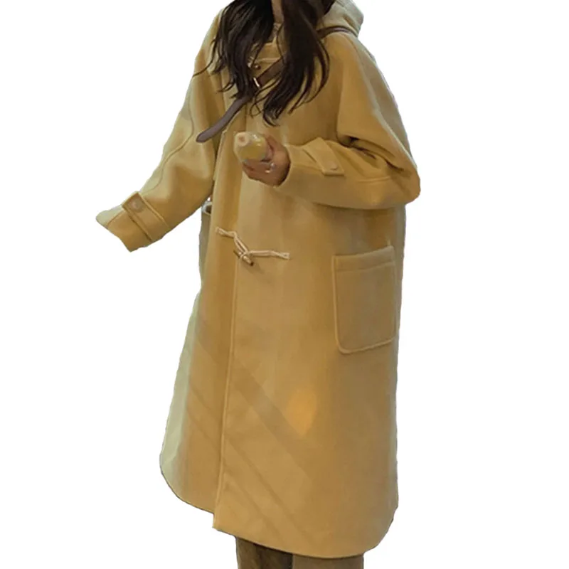 

Светильник-желтое пальто, зимнее женское пальто из искусственной шерсти с капюшоном и гусиными пуговицами, Теплое повседневное свободное ж...