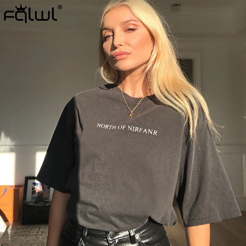 Женская хлопковая Футболка FQLWL серая свободная длинная футболка с буквенным