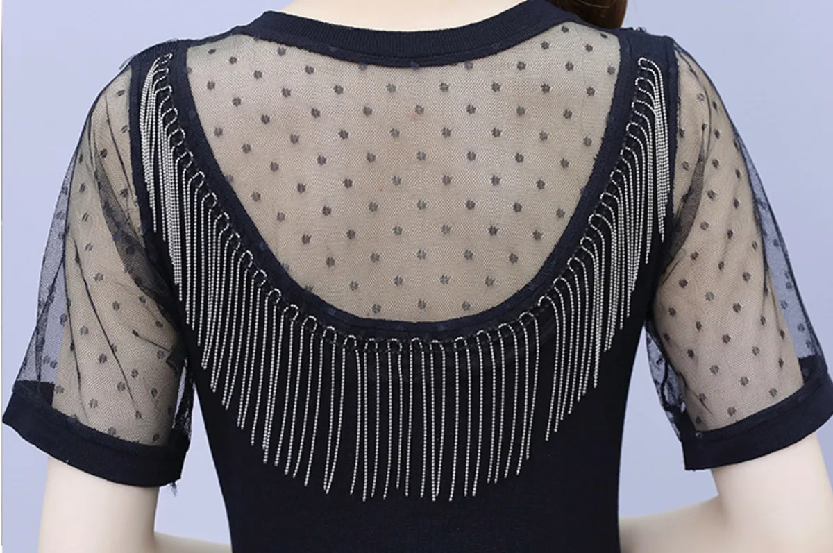 

BacklakeGirls 2021 Summer Plus Size Dress Women Fashion Tassel Mesh Short Sleeve Temperament Patchwork Elegant Cocktail Dress