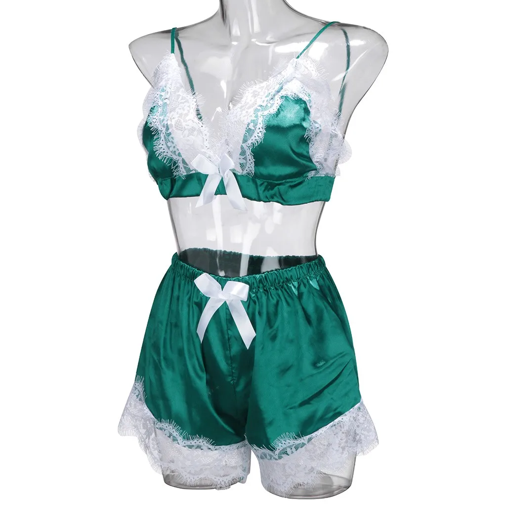 Пикантный пижамный комплект для женщин кружевной бюстгальтер с цветами шорты