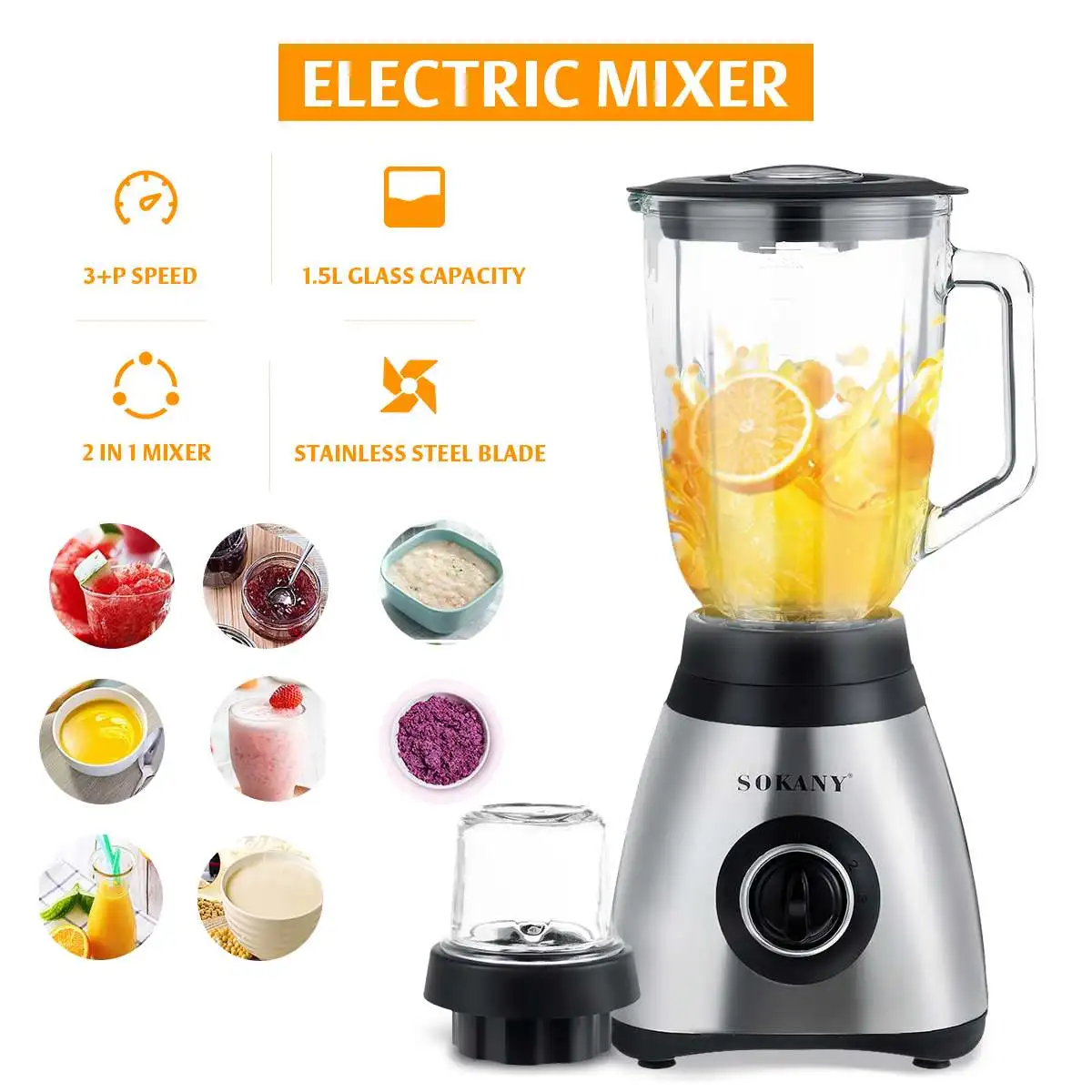 

SOKANY 1500ML 2 In 1 High Power Household Blender Mixer Meat Vegetables Fruits Grinder Food Juice Processor Glass Jar