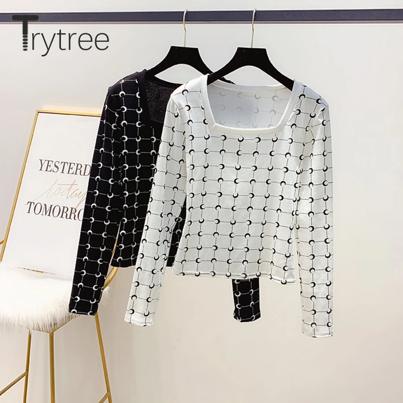 Весенняя женская футболка Trytree 2020 Повседневная облегающая с квадратным