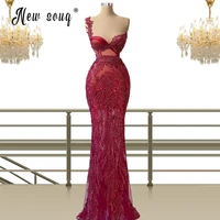 gorgeous red robe de soiree beads cocktail dresses 2021 one shoulder mermaid evening gowns celebrity dresses pageant