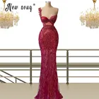 Великолепное красное вечернее платье с бусинами, коктейльные платья с одним открытым плечом, вечерние платья-русалки, праздничные платья знаменитостей, 2021