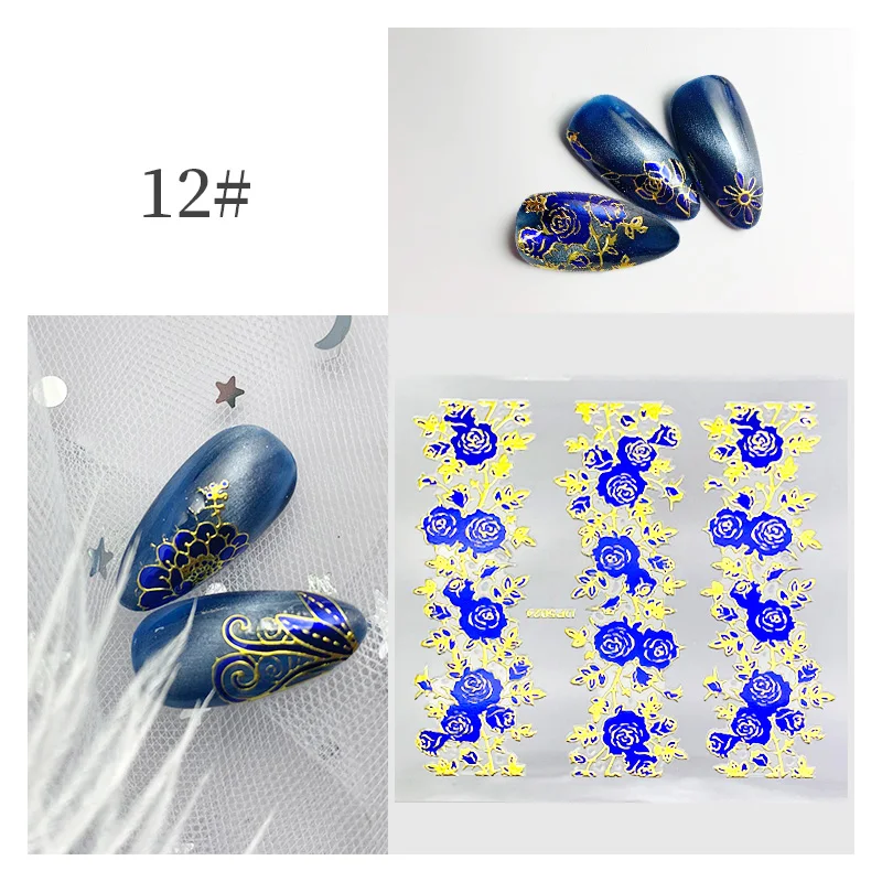 

1PC Flat Hot Blue Stamping 3D Nail Sticker Flower Geometry Butterflies Adhesive Slider Decals Decoration Manicures DIY