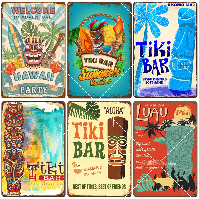 

Personality Tiki Bar Tin Sign Retro Beach Party Bar Pub Wall Plaque for Bar Wall Decor Metal Plate Hawaii Surfing Beach 8x12inch