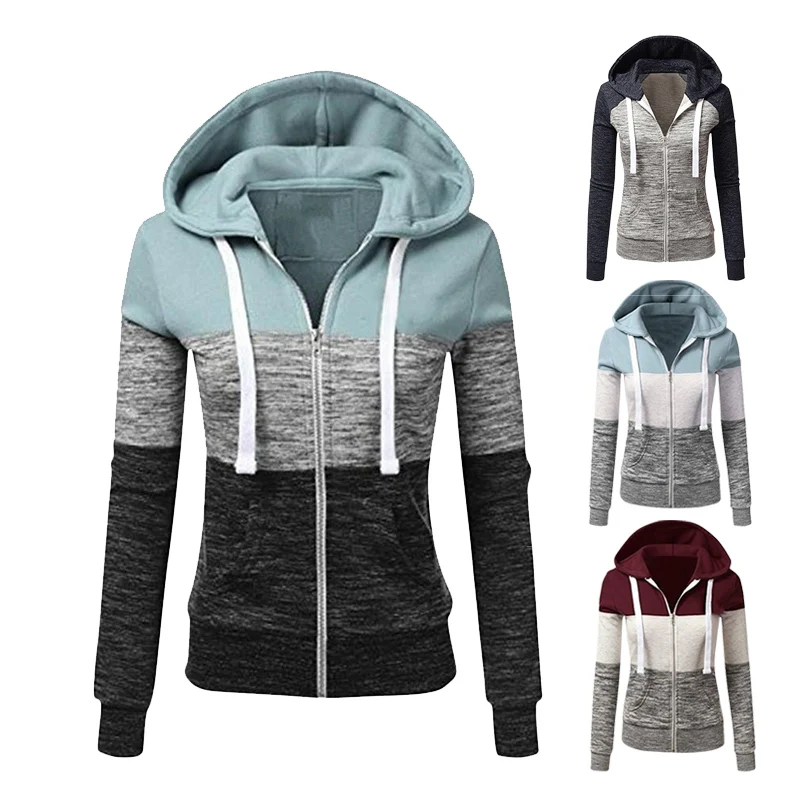 

New Fashion Women Splicing Hoodies Autumn Casual Drawstring Zipper Sweatshirt Female Patchwork Hooded Jacket Tops