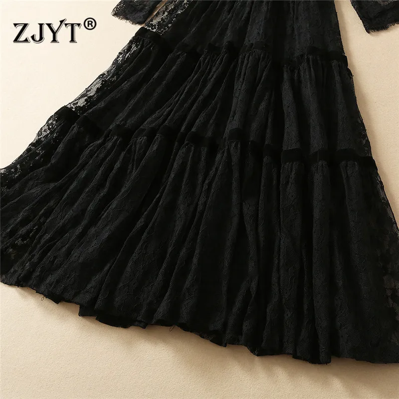 

High Quality Runway Fashion Spring Women Robe Elegant Designers Full Sleeve Lace Evening Prom Party Dresses Long Maxi Vestidos