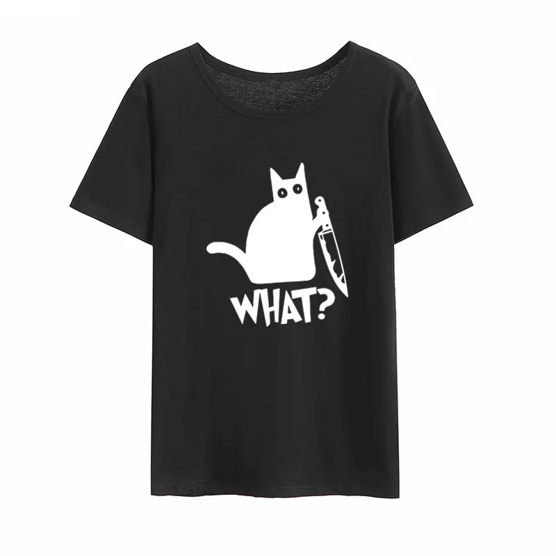 Женская футболка с круглым вырезом Cat What черная хлопковая Футболка свободного