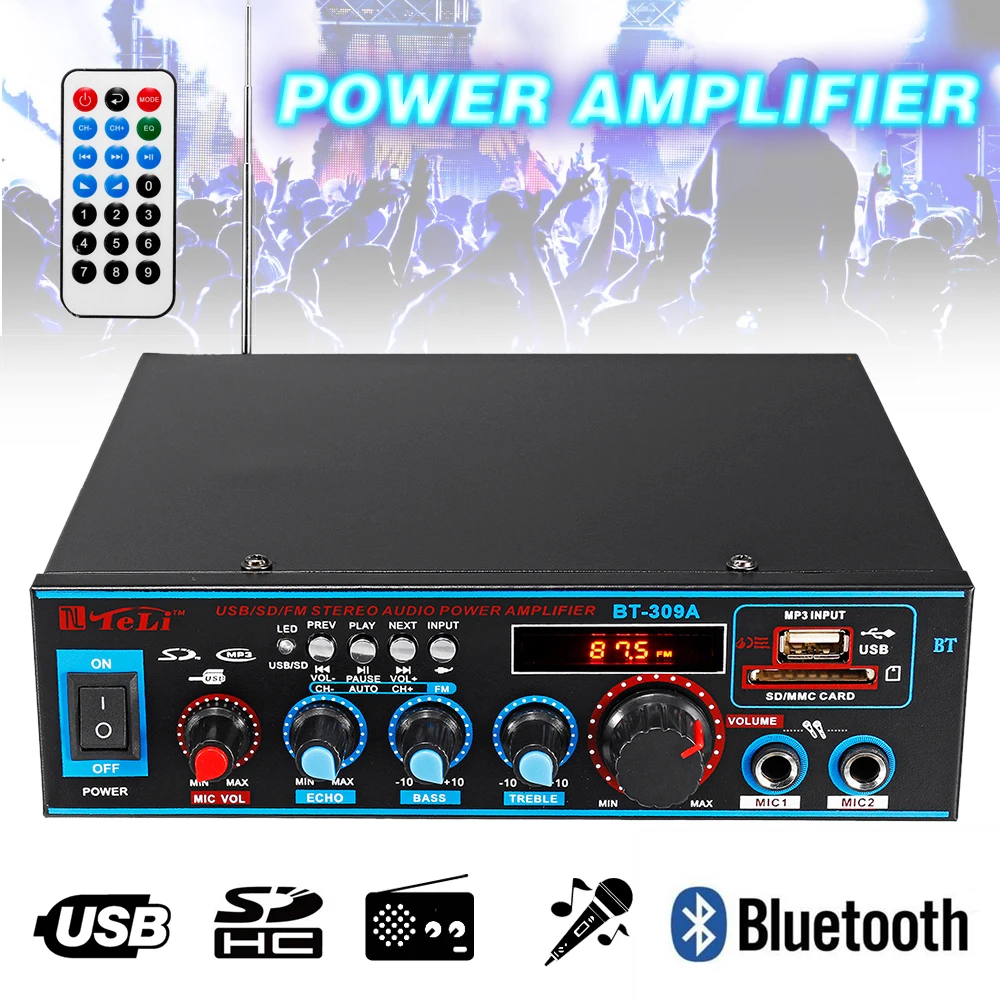 Hi-Fi 2CH 800W аудио Мощность усилитель 12/220V FM SD микрофон с дистанционным управлением