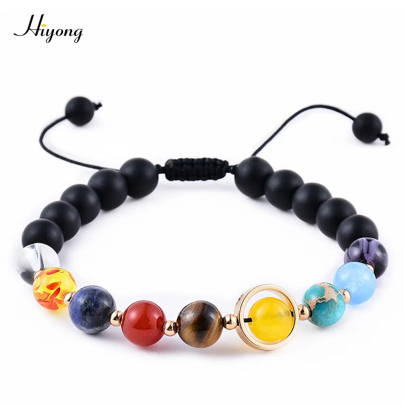 Planet bracelet HIYONY 7 Чакра браслет мужской черный матовый Лава Исцеление баланс бусины рейки Будда молитва браслет для йоги из натуральных камней для женщин - Окраска металла: Planet bracelet
