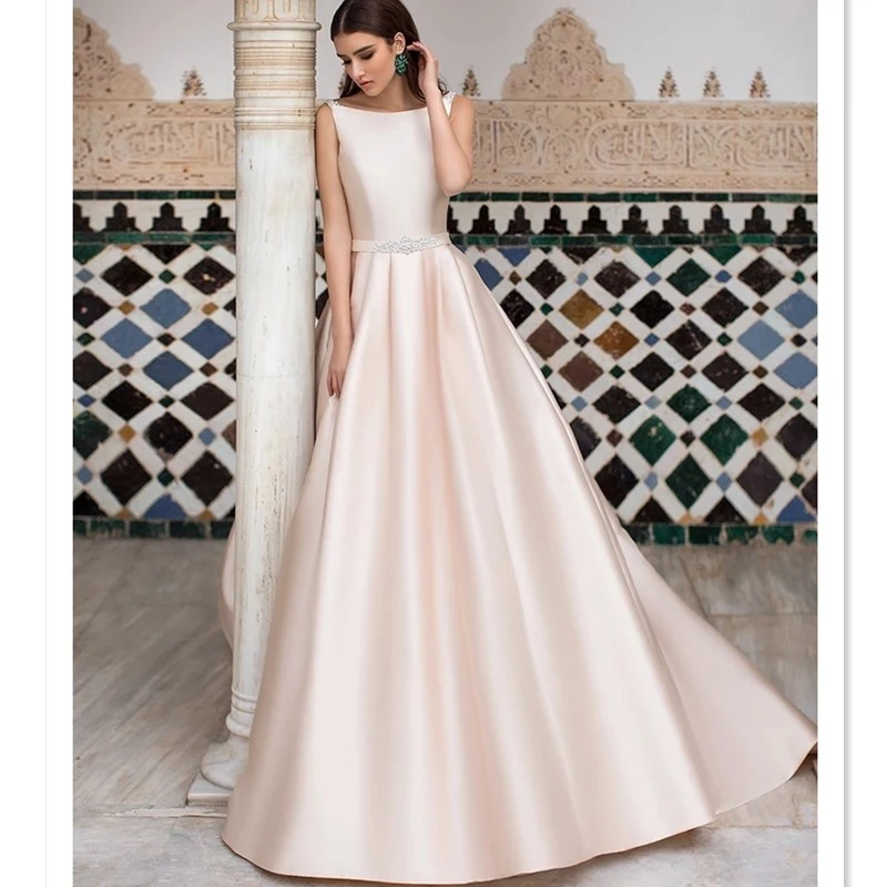 

Свадебное платье-трапеция из сатина, с вырезом лодочкой и V-образным вырезом на спине, свадебные платья с вышивкой бисером