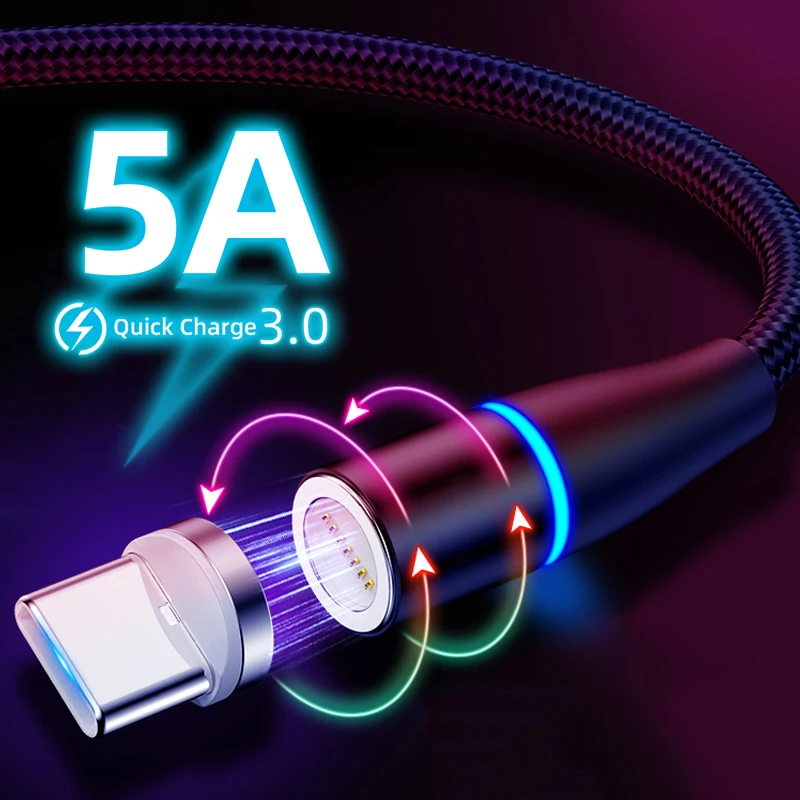 5A Магнитный кабель светодиодный с разъемом USB типа C супер быстрый зарядный для