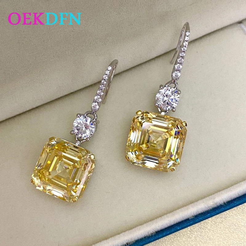 

OEKDFN Luxury 925 Sterling Silver Earrings Asscher Citrine Zircon Gemstone Drop Dangle Earrings Engagement Wedding Fine Jewelry