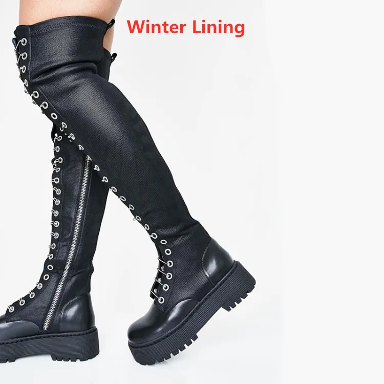 Winter Black PXELENA Сапоги выше колена в байкерском стиле, в стиле панк, готика, для костюмированной вечеринки; женские эластичные сапоги до бедра на шнуровке в стиле милитари - Цвет: Winter Black