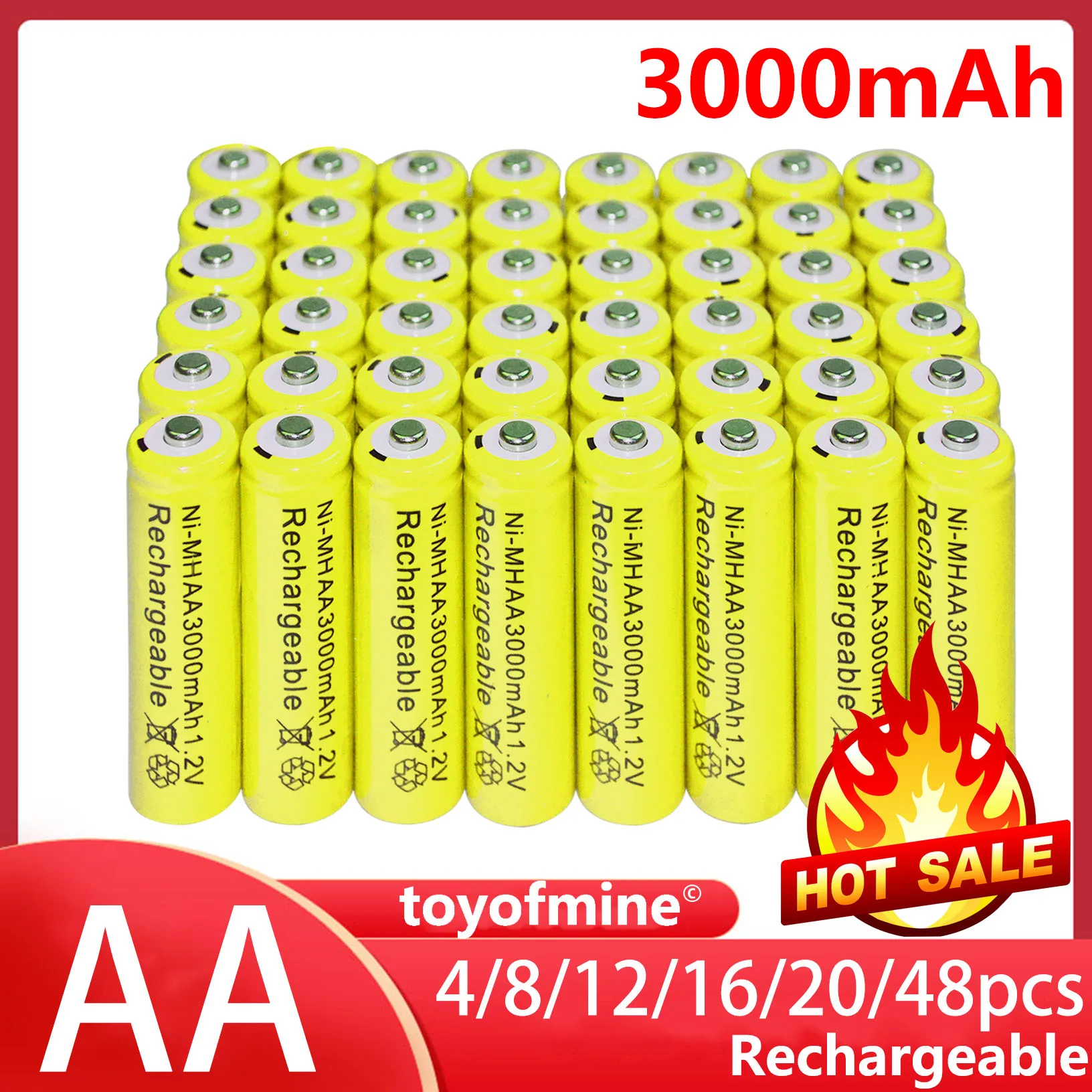 4-48pcs New Brand AA rechargeable battery 3000mah 1.2V NI-MH Rechargeable for led light toy mp3 Yellow | Электроника