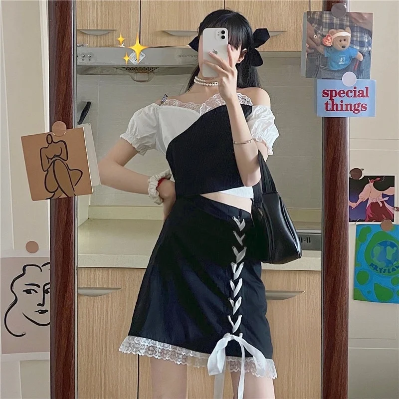 

2021 Summer Sweet Vintage Solid Suit Women Designer Black White Cross Short Sleeve Top Japanese Harajuku Bandage Lace Mini Skirt