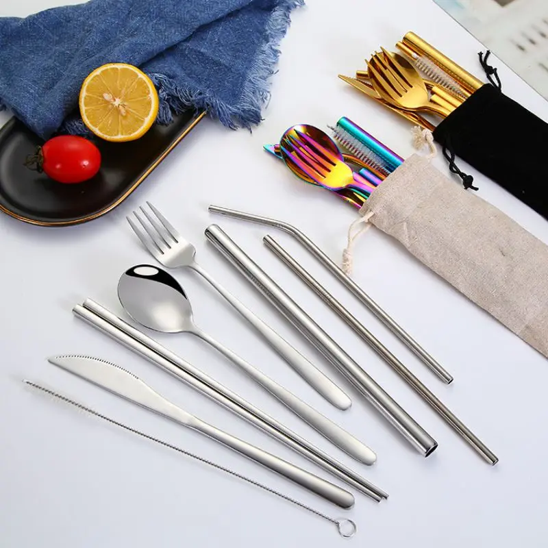 

7PCS/Set Cutlery Fork Spoon Straw Brush Set Stainless Steel Travel Utensils Tableware With Linen Carrying Case Bags Portable