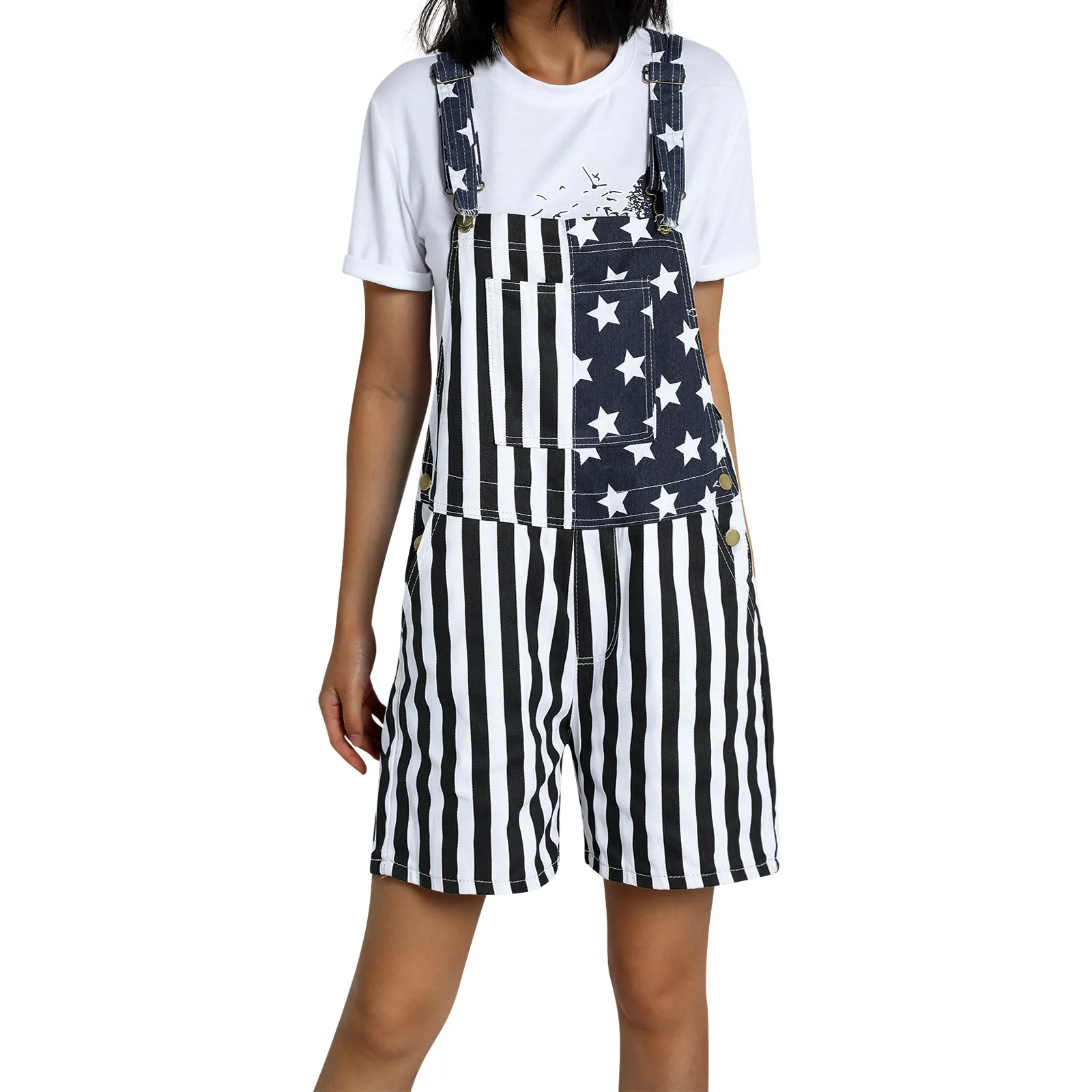 

Independence Day Rompers Women Casual Jumpsuit Patriotic Printed American Flag Striped Overalls Summer Women Unisex Bib Jeans