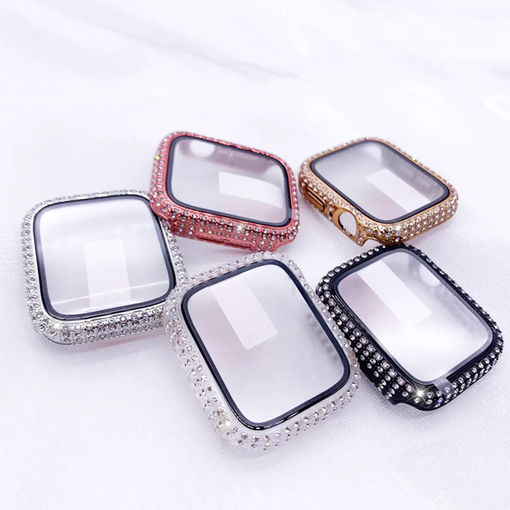 Diamond Protective Cover for Apple Watch 8 7 6 5 4 41mm 45mm 40mm 44mm iWatch SE 38/42mm Bumper Case Tempered Glass Film Covers