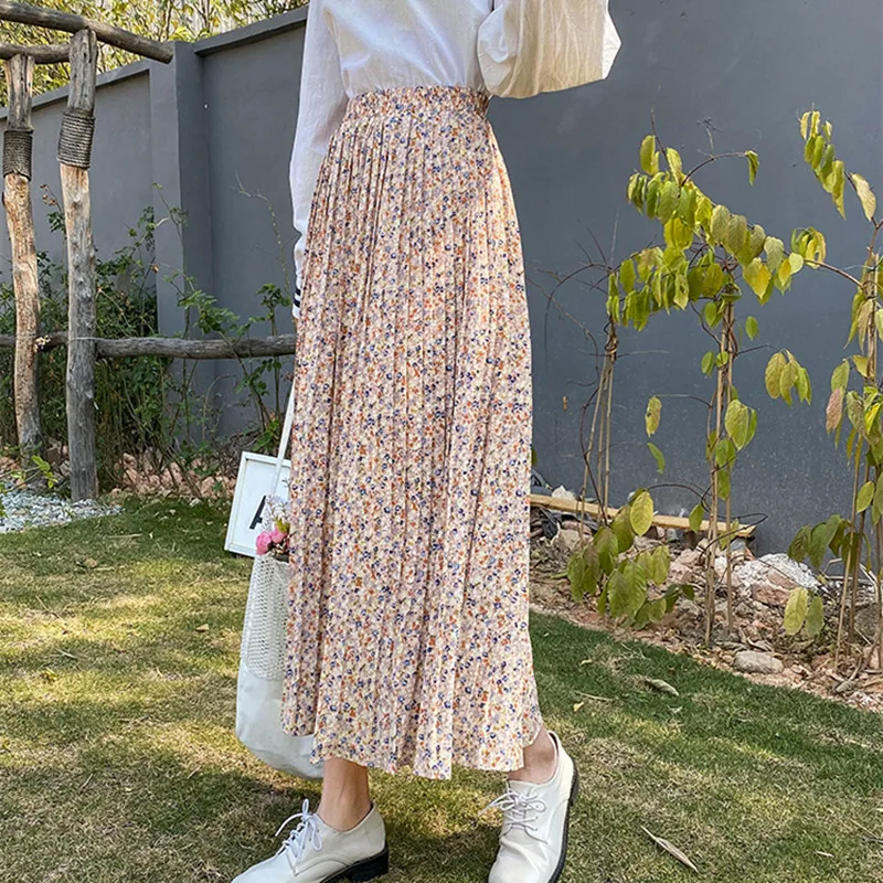 Юбка Женская длинная шифоновая в стиле Харадзюку Цветочная винтажная эластичная