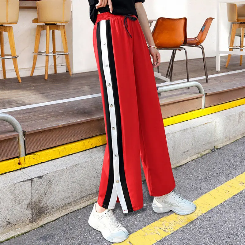 Split Leisure Sports Chiffon Wide-leg Pants Women's 2021 New Summer Korean Version of Loose Straight Pants Tide
