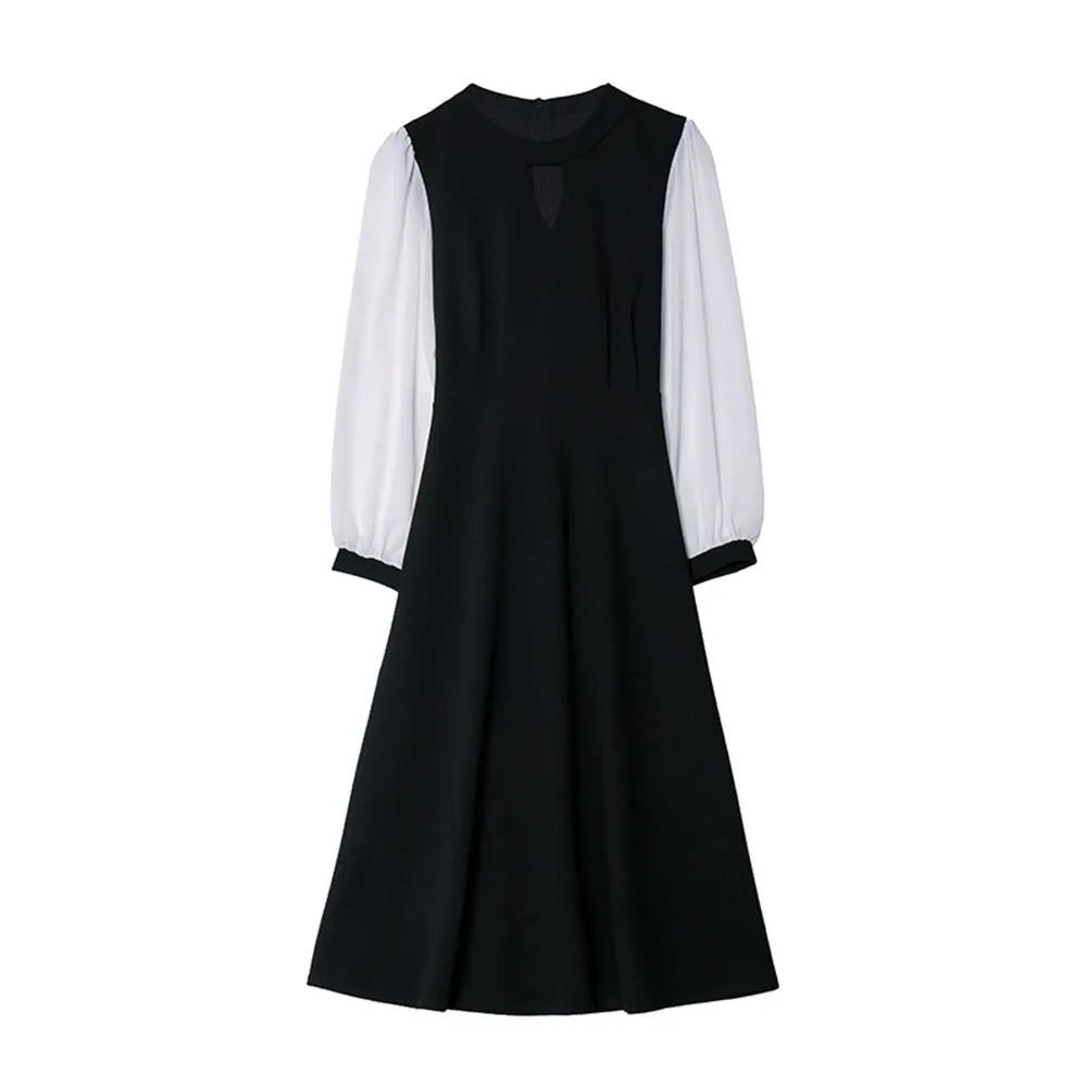 

Office Lady Korean Fashion Summer Dress 2021 Temperament Elegant Designer Popular Draw Back Splicing Round Neck Long Sleeve