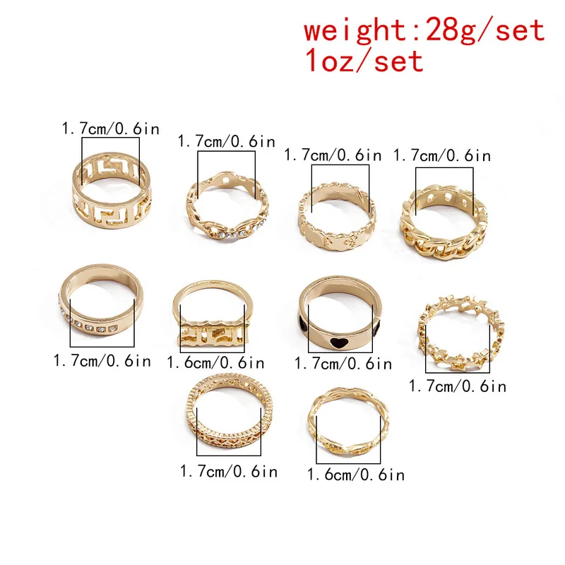 

AE-CANFLY 10pcs/set 2020 New European and American Bohemia Inlaid Crystal Geometric Hollow Ring Simple Star Rings Set for Women
