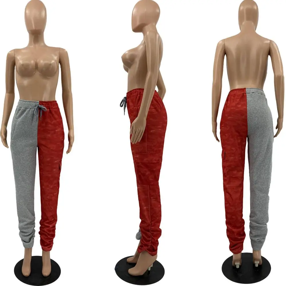 

Casual Color Block Joggers Women Pants Drawstring Sports Pockets High Waist Stacked Pants Patchwork Sweatpants Women