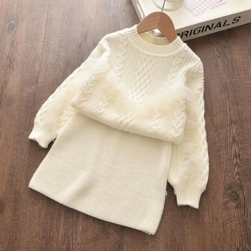 

Baby Girls 2pieces Sets Winter Knitted Dress Warm Autumn Toddler Girls Ruffled Sleeve Sweater Dress Clothing Outfits Lace Dress