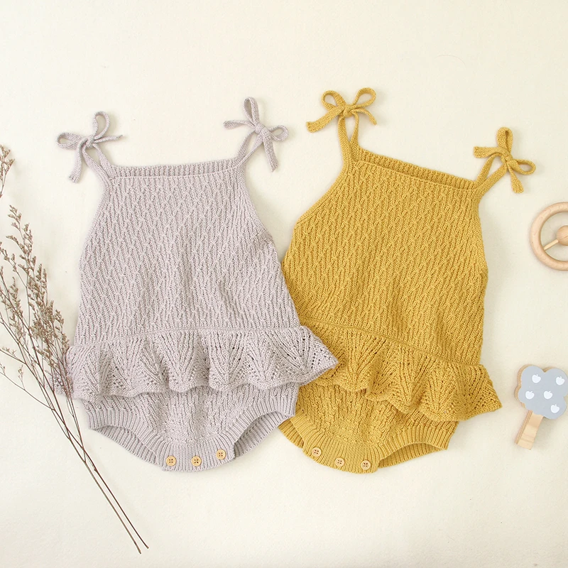 

Infant Baby Knitted Jumpsuit, Cotton Sleeveless Sling Loose Solid Color Ruffles Closure Patchwork Romper Hollow Out