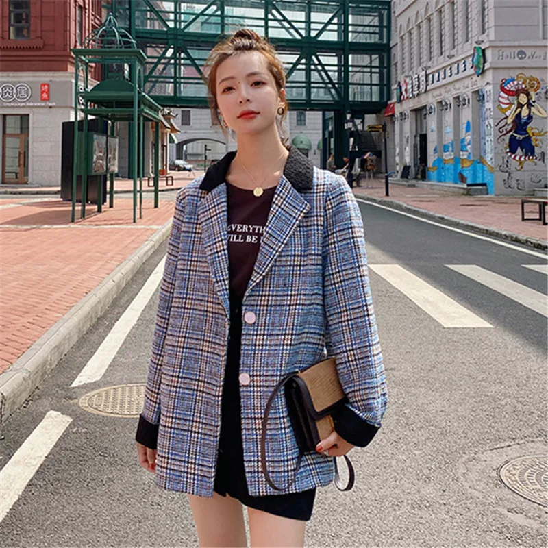 

Women Plaid Blazers Jacket Elegant Korean Slim Casual Single Breasted Suit Coat Office Lady Fashion Splice Thick Outerwear