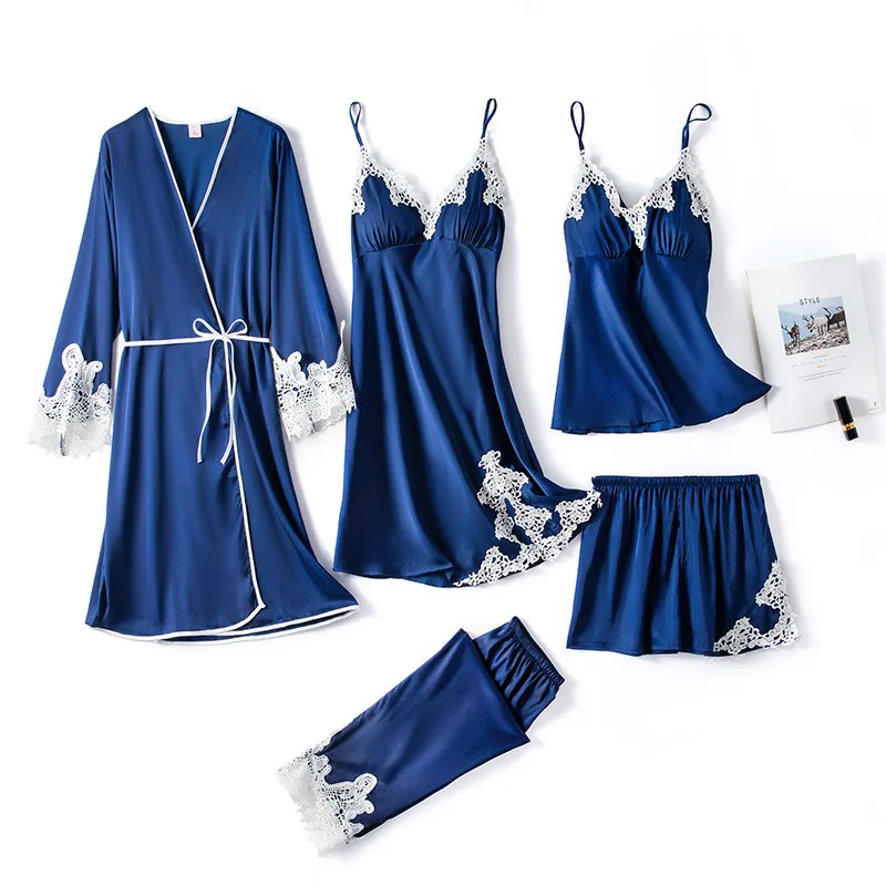 

Пижамный комплект женский из 5 предметов, пикантный топ на бретельках и штаны, одежда для сна, повседневный атласный кружевной пижамный комп...