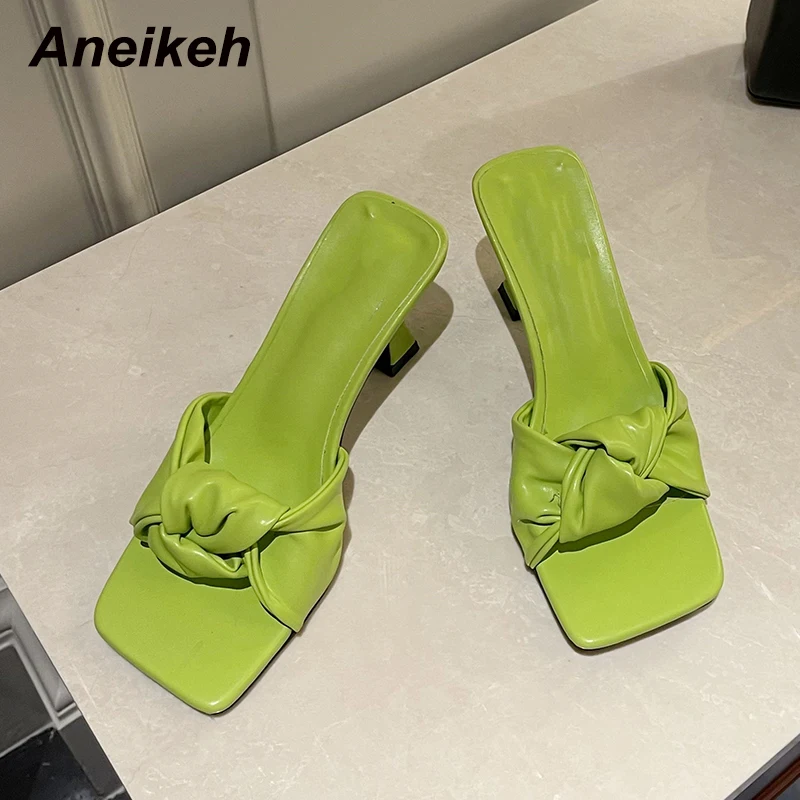 

Aneikeh Summer Squared Toe Pleated Shallow Beach Mules Slippers 2022 NEW Ladies Shoes PU Spike Heels Concise Casual Solid Party