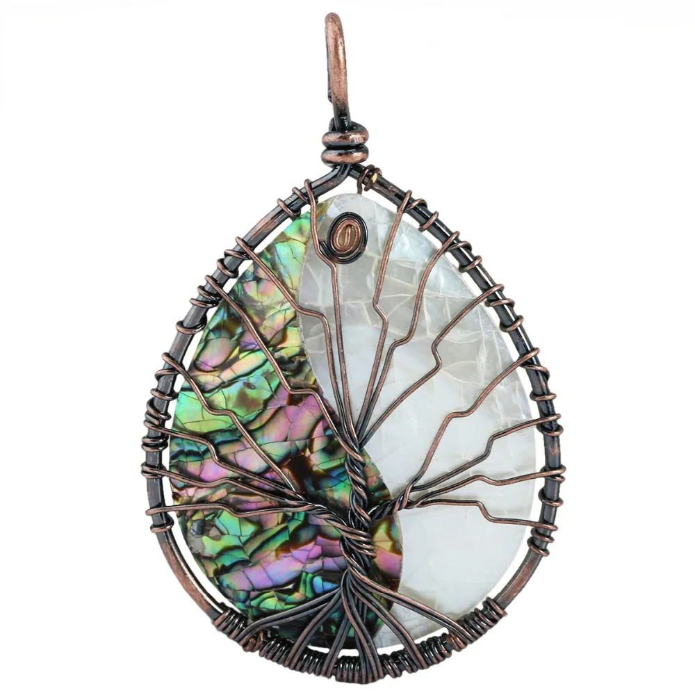 

SUNYIK Tai Chi Design Teardrop Abalone Shell Copper Wire Wrapped Tree of Life Pendant Charms Jewelry For Women