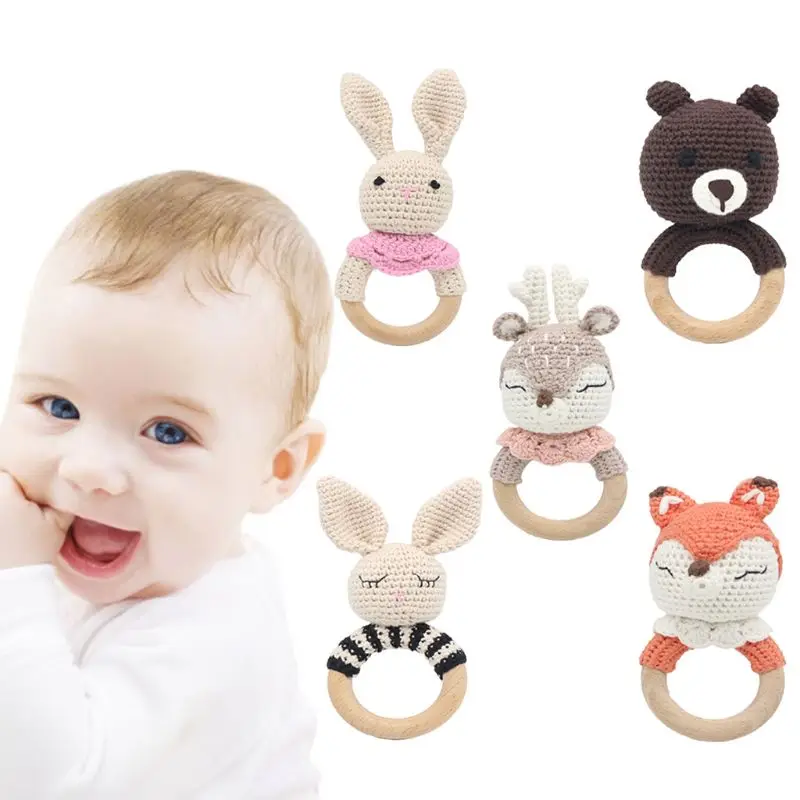 

Crochet Wooden Ring Baby Teether Animal Rattle Chewing Teething Nursing Soother Molar Infant Toy Accessory