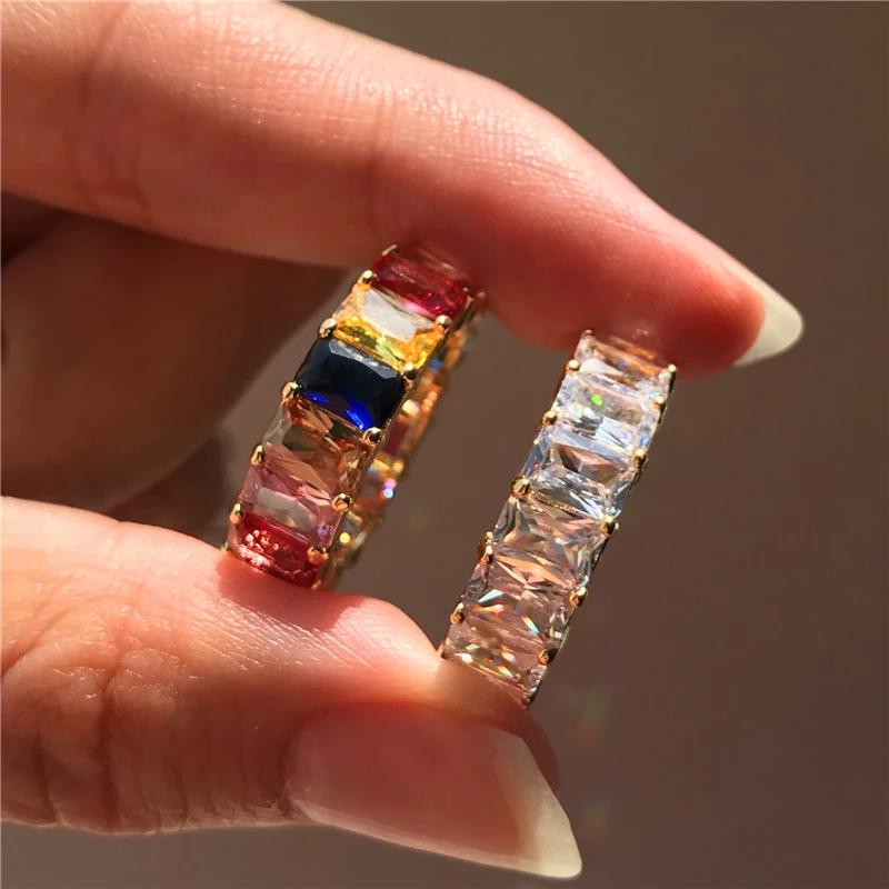 

Charm Female Rainbow Crystal Stone Ring Vintage Gold Color Wedding Rings For Women Dainty Bridal Square Zircon Engagement Ring