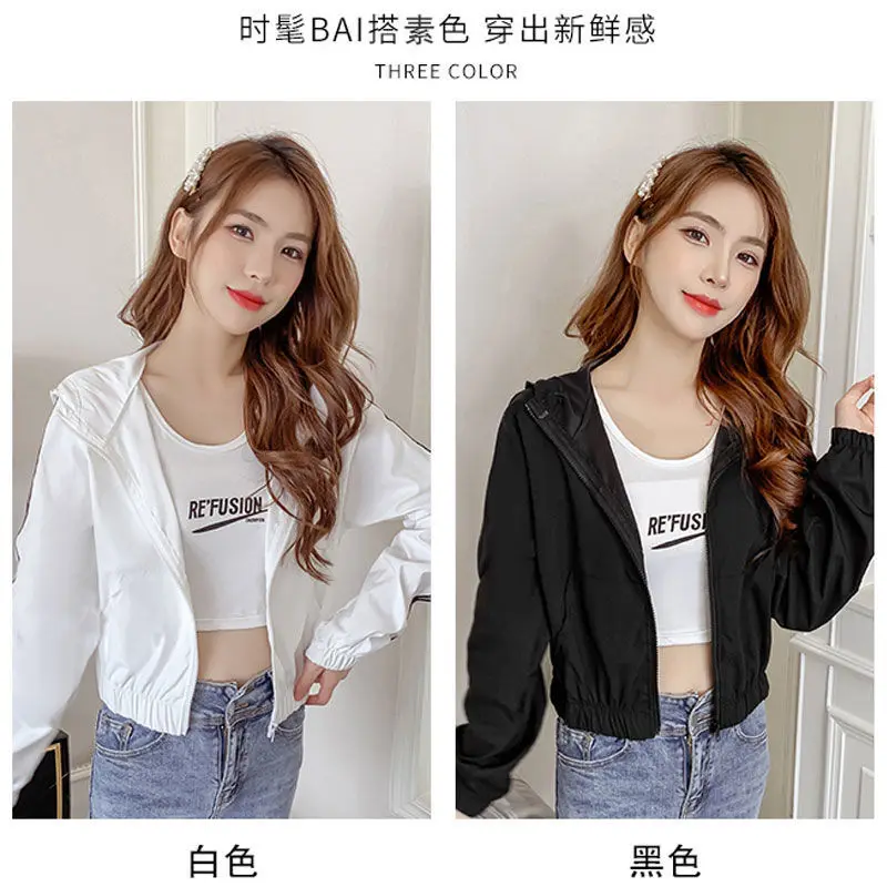 

2021 spring new leisure sports versatile cardigan coat women's thin zipper short hooded top